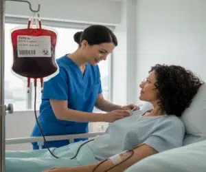 Mulher recebendo uma transfusão sanguínea em um leito hospitalar.