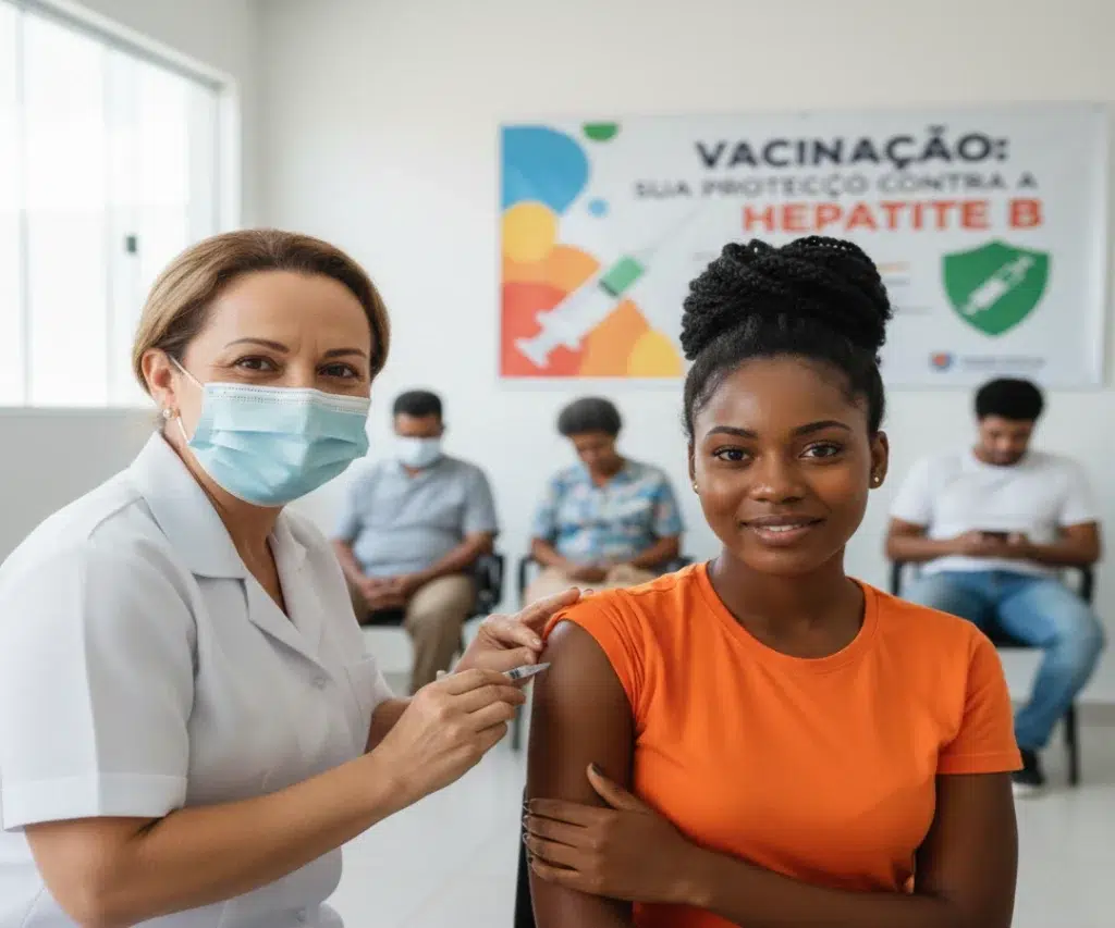 Mulher sendo vacinada contra o vírus da hepatite B.