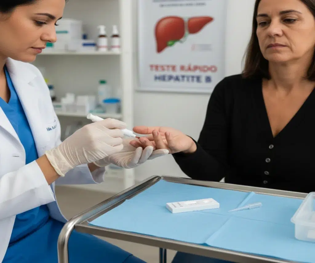 Enfermeira coletando exame para hepatite, teste rápido.