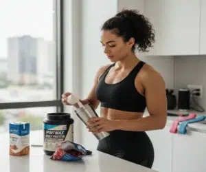 Mulher na cozinha preparando seu suplemento antes de ir malhar.