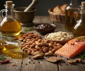 Várias sementes na mesa, com óleo de azeite.