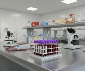 Bancada de um laboratório com alguns tubos de tampa roxa na bancada, dois microscópios e alguns reagentes.