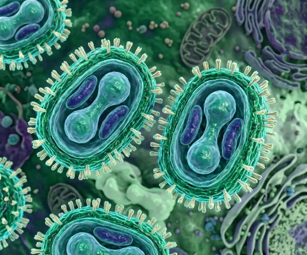 Micrografia eletrônica colorida digitalmente do vírus mpox. A imagem mostra múltiplas partículas virais com formato oval e rugoso, semelhante a tijolos, em tons de verde vibrante e detalhes em azul. A superfície externa é coberta por estruturas granulares e filamentosas, destacando o envelope viral sobre um fundo orgânico texturizado em tons de verde escuro.