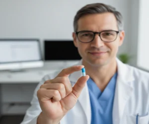 Médico segurando um comprimido na mão.