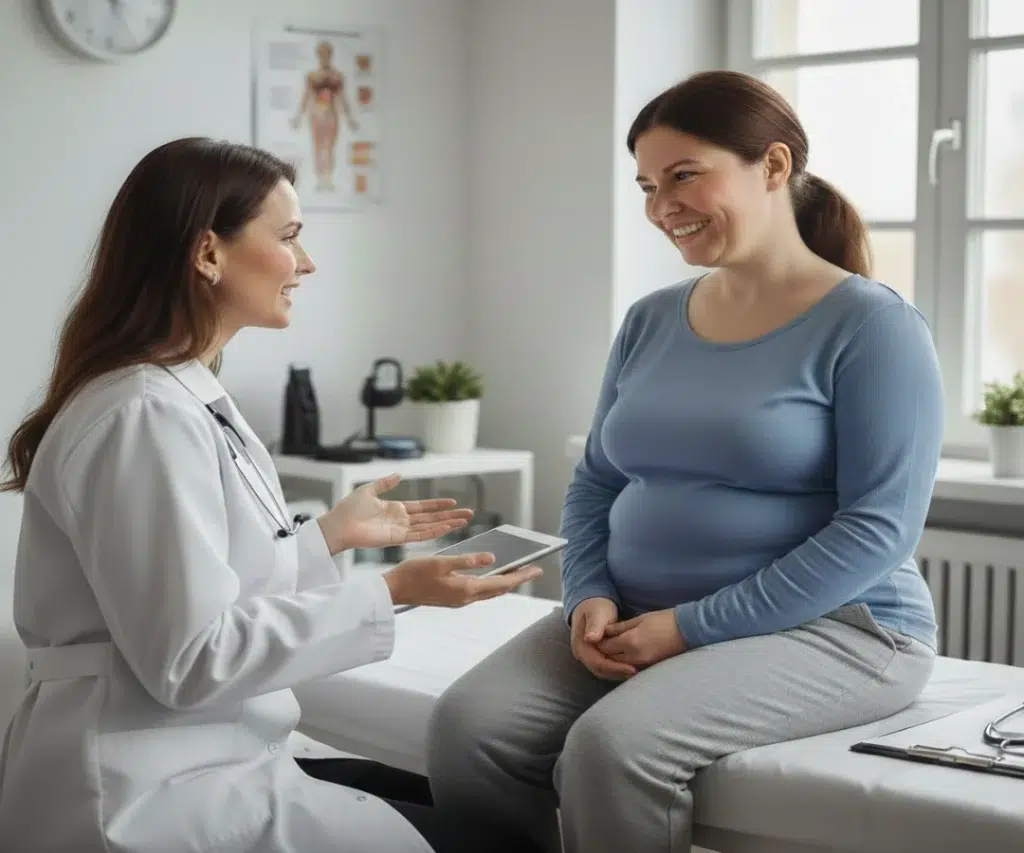 Mulher no consultório medico, em uma consulta sendo examinada.