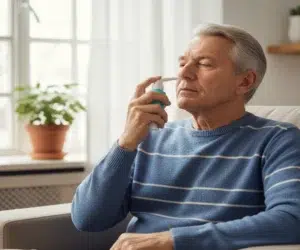 Homem aplicando uma medicação no nariz.