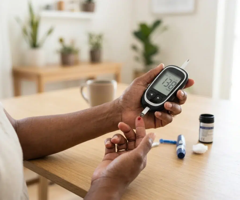Pessoa segurando um glicosímetro digital que marca 138 mg/dL após realizar um teste de glicemia na ponta do dedo.