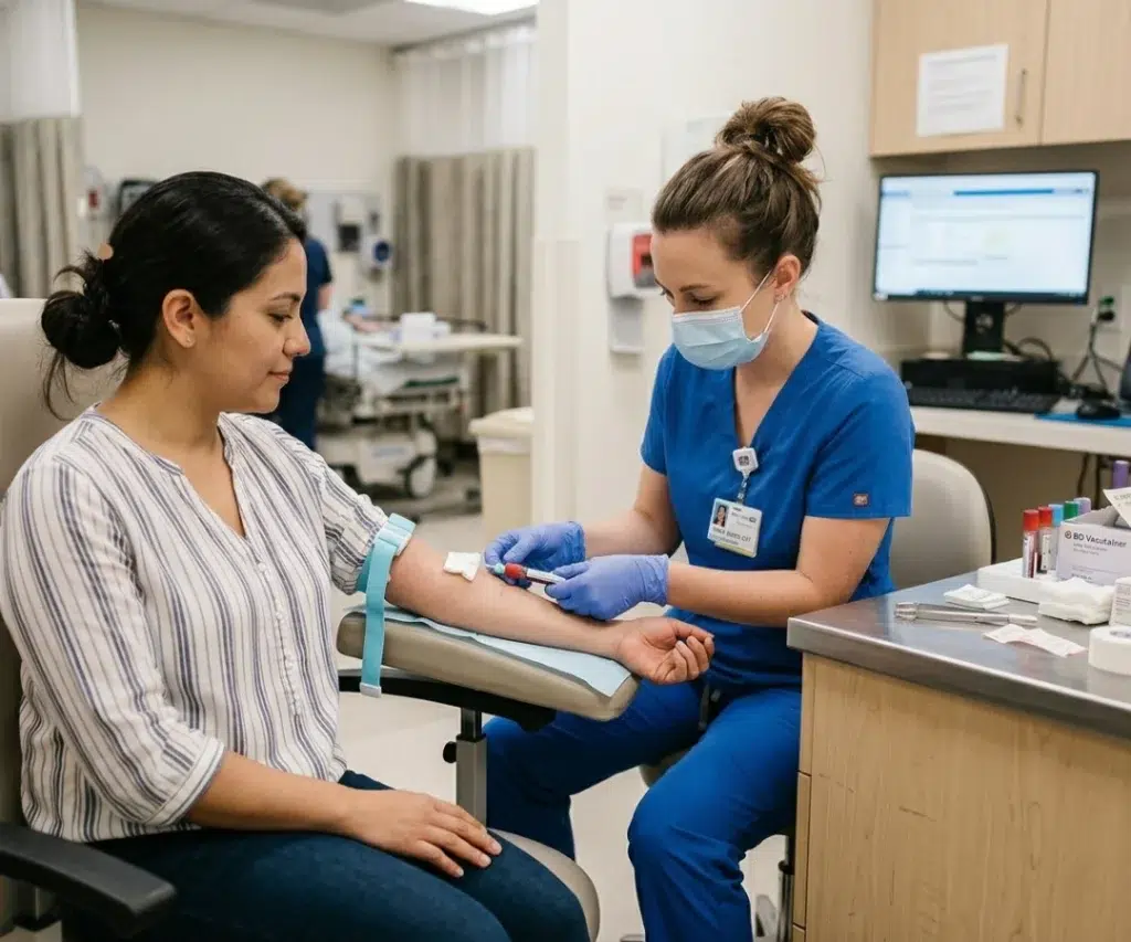 Mulher coletando exame de sangue em um laboratorio.