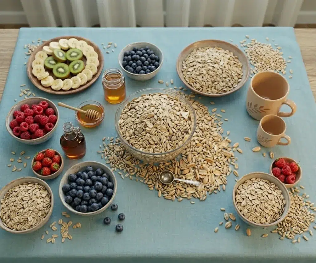 Mesa com bastante cereais e frutas.