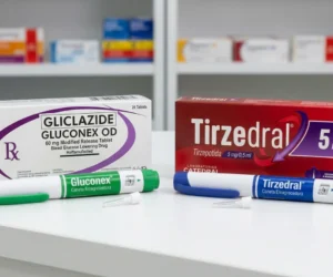 Canetas emagrecedoras Gluconex e Tirzedral sobre bancada, com embalagens ao fundo, destacando medicamentos associados à tirzepatida proibidos pela Anvisa.