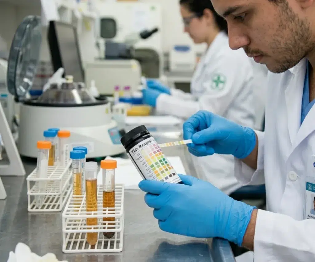 Biomédico analisando uma amostra de urina em um laboratorio de analises clinicas.