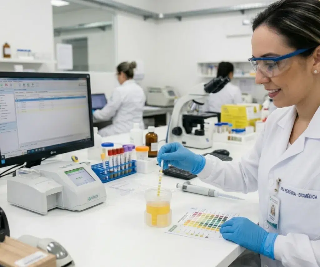 Uma foto em plano médio, ligeiramente em ângulo alto, de uma biomédica brasileira, Ana Pereira (conforme o distintivo de identificação legível com foto, que diz "ANA PEREIRA - BIOMÉDICA"), em um laboratório clínico moderno e movimentado em São Paulo, Brasil. Ana Pereira, com cabelos castanhos presos para trás e usando óculos de segurança com armação azul, jaleco branco com o logotipo e o distintivo do laboratório, e luvas de látex azuis, está sentada em uma bancada de laboratório de superfície sólida branca. Ela está sorrindo levemente enquanto usa um cotonete de teste médico descartável para coletar uma amostra de uma pequena tigela de plástico redonda contendo um líquido amarelo (presumivelmente urina ou outra amostra clínica). Sua mão esquerda glovedada está segurando a tigela estável. Perto da tigela, à direita, há uma folha de papel colorida, também em português, mostrando um gráfico de cores de referência de teste. A bancada à sua esquerda está repleta de equipamentos de laboratório: um monitor de computador preto (com software de laboratório em português exibindo campos como 'Paciente', 'Nº de Amostra', 'Data', etc.), uma pequena máquina analisadora de amostras com uma tela verde (exibindo 'Aguardando Amostra'), um scanner de código de barras portátil, uma grade de tubos de ensaio coloridos (amarelo, roxo, vermelho, laranja) em um rack, e várias garrafas de reagentes. Ao fundo, fora de foco, outros dois profissionais de laboratório em jalecos brancos estão trabalhando: um à esquerda usando um laptop e um à direita usando um microscópio, perto de prateleiras e mais equipamentos. A iluminação é brilhante, limpa e profissional. O ambiente é estéril e bem organizado. O ângulo é focado em Ana Pereira e no procedimento, com o fundo do laboratório contextualizando a cena. A textura dos materiais (luvas de látex, plástico, vidro, jaleco) é visível.