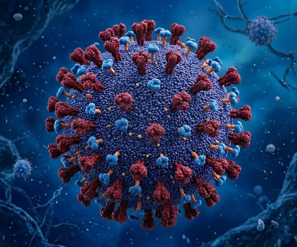 Ilustração científica do vírus Influenza A mostrando partículas virais esféricas com proteínas de superfície hemaglutinina e neuraminidase responsáveis pela infecção respiratória.