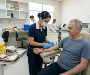 Uma profissional de laboratório coletando sangue de um paciente idoso, para fazer o exame de perfil lipídico (lipidograma) exame avalia o colesterol total, LDL, HDL e triglicerídeos.