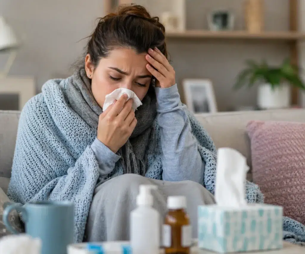 Mulher com resfriado assoando o nariz no sofá, com sintomas como congestão nasal, dor de cabeça e mal-estar