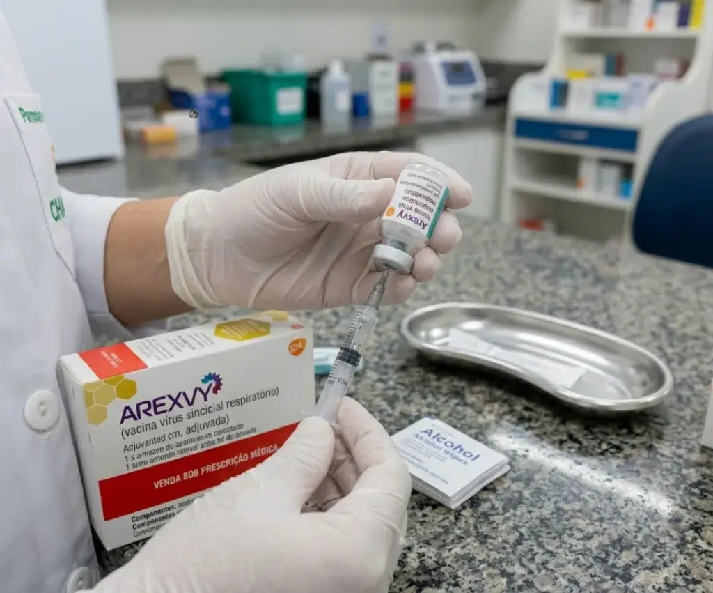Fotografia em close-up das mãos de um profissional de saúde usando luvas brancas, segurando um frasco da vacina Arexvy e inserindo uma agulha para aspirar o líquido. Ao lado, sobre um balcão de granito, aparece a caixa do medicamento com o logotipo da GSK e o nome 'AREXVY' em destaque, indicando ser uma vacina contra o vírus sincicial respiratório. O ambiente ao fundo sugere uma clínica ou farmácia com prateleiras de medicamentos.
