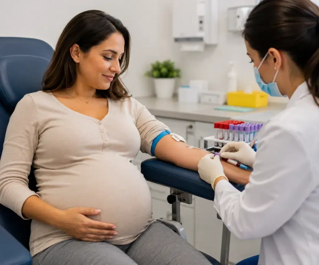Gestante colhendo exame de sangue para fazer o exame de pré-eclâmpsia.