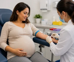 Gestante colhendo exame de sangue para fazer o exame de pré-eclâmpsia.