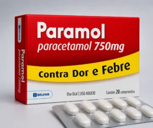 Imagem da embalagem do medicamento Paramol 750 mg (paracetamol), indicado para o alívio da dor e da febre, ao lado de uma cartela com comprimidos brancos sobre um fundo claro. O produto é fabricado pela Belfar e apresenta destaque para a concentração de 750 mg e para a indicação terapêutica "Contra Dor e Febre".