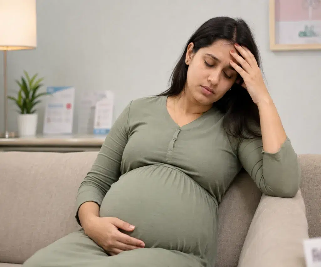 Gestante com expressão de cansaço e fraqueza, sentada no sofá, em conteúdo sobre anemia na gravidez e deficiência de ferro.