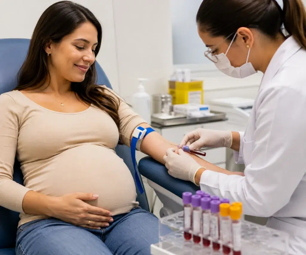 Gestante realizando coleta de sangue durante exames laboratoriais do pré-natal no primeiro trimestre da gravidez.