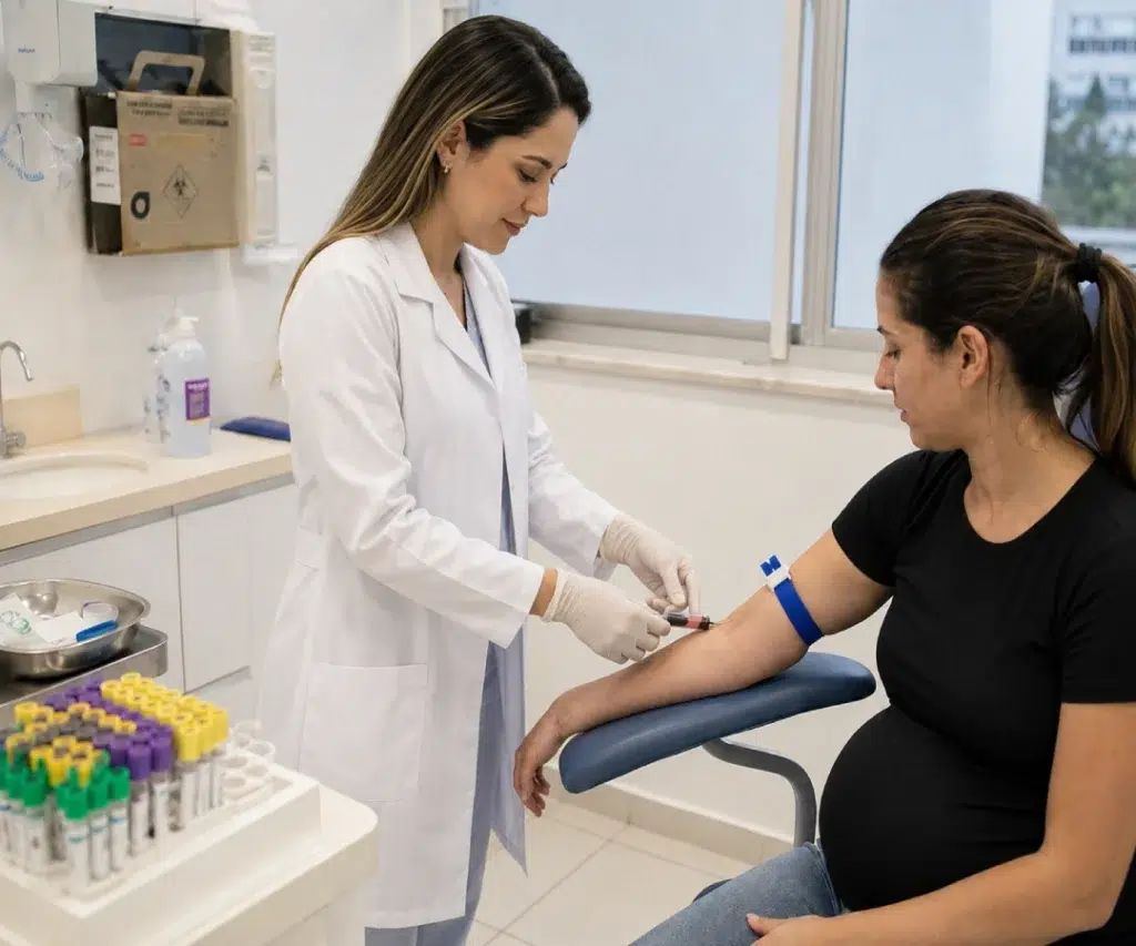 Mulher gestante realizando coleta de sangue para exames do segundo trimestre da gravidez em laboratório.