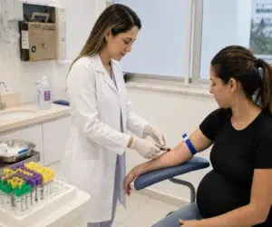Mulher gestante realizando coleta de sangue para exames do segundo trimestre da gravidez em laboratório.
