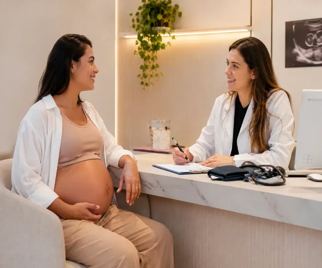 Gestante em consulta de pré-natal durante o terceiro trimestre da gravidez, recebendo acompanhamento médico e orientações sobre exames gestacionais.