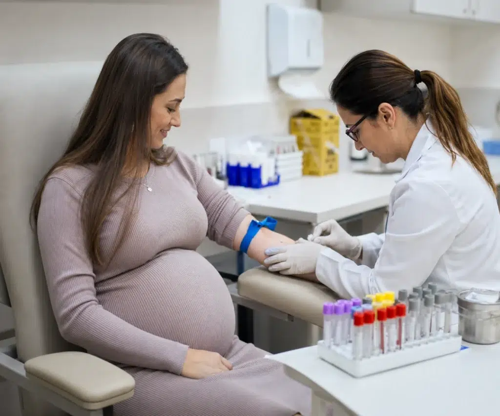 Gestante realizando coleta de sangue para o exame NIPT na gravidez, teste pré-natal não invasivo para rastreamento de alterações cromossômicas no bebê.