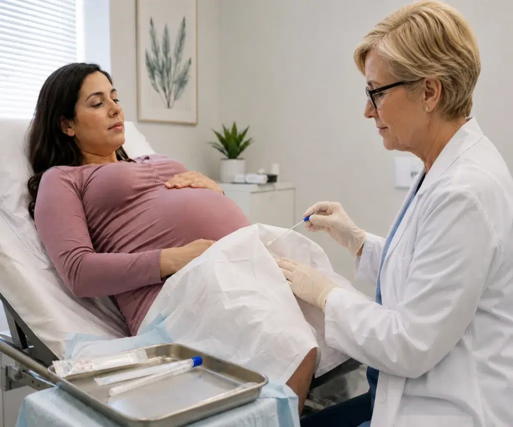 Gestante realizando coleta de swab vaginal para pesquisa de Streptococcus agalactiae durante o pré-natal, exame usado para rastrear estreptococo do grupo B.