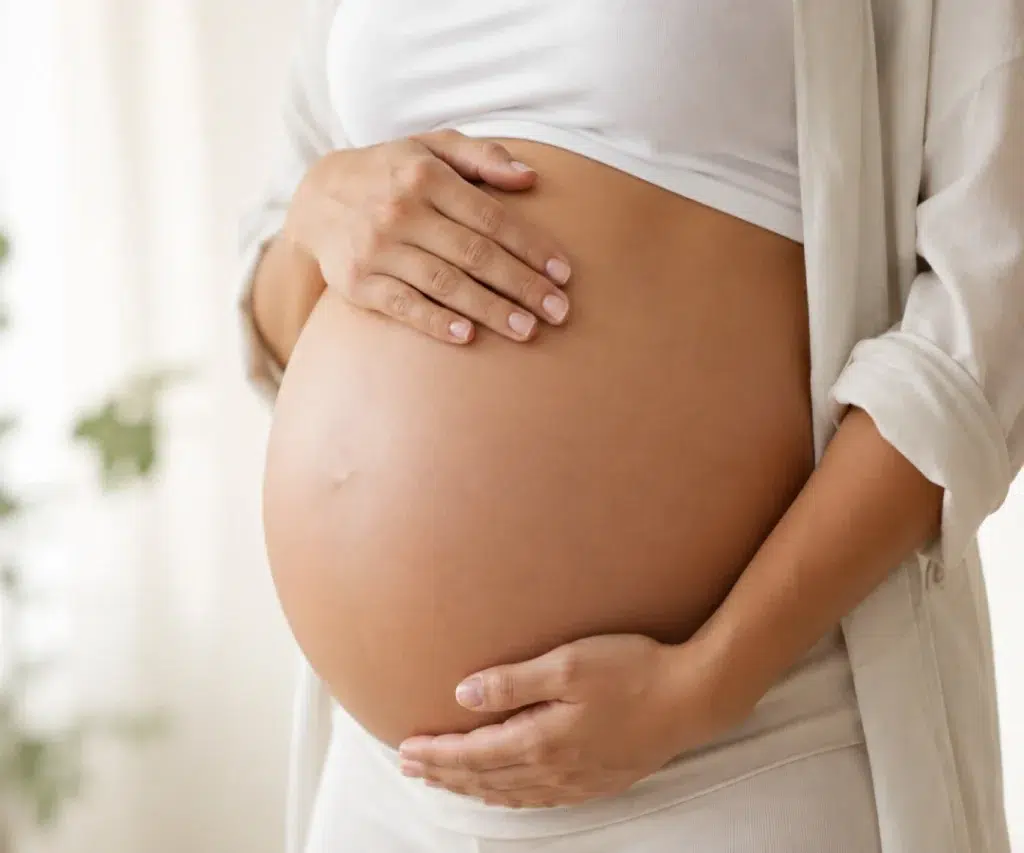 Barriga de gestante durante a gravidez em conteúdo sobre exame de toxoplasmose, sorologia usada no pré-natal para avaliar infecção por Toxoplasma gondii.