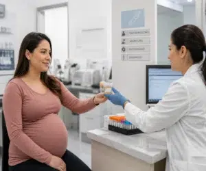 Gestante entregando amostra de urina no laboratório para realização de urocultura na gravidez, exame usado para identificar infecção urinária e bacteriúria.