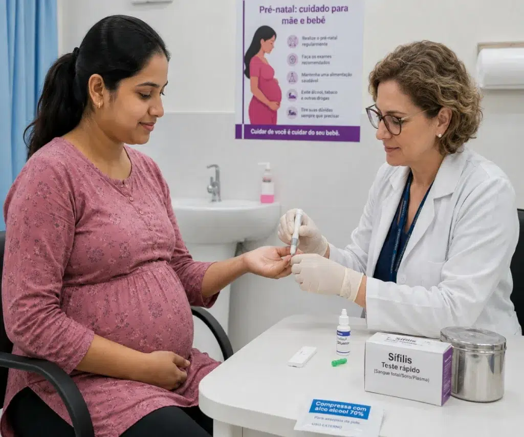 Gestante realizando teste rápido de sífilis na gravidez durante o pré-natal, exame essencial para detectar a infecção e prevenir a sífilis congênita.